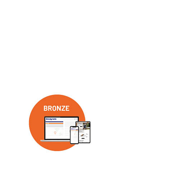 Website-Paket Bronze im orangefarbenen Kreis mit Darstellung auf Laptop, Smartphone und Tablet